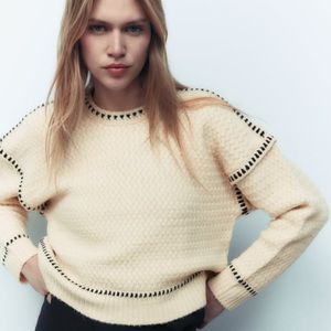 Zara Contrast Topstitching Knit Sweater in Ecru